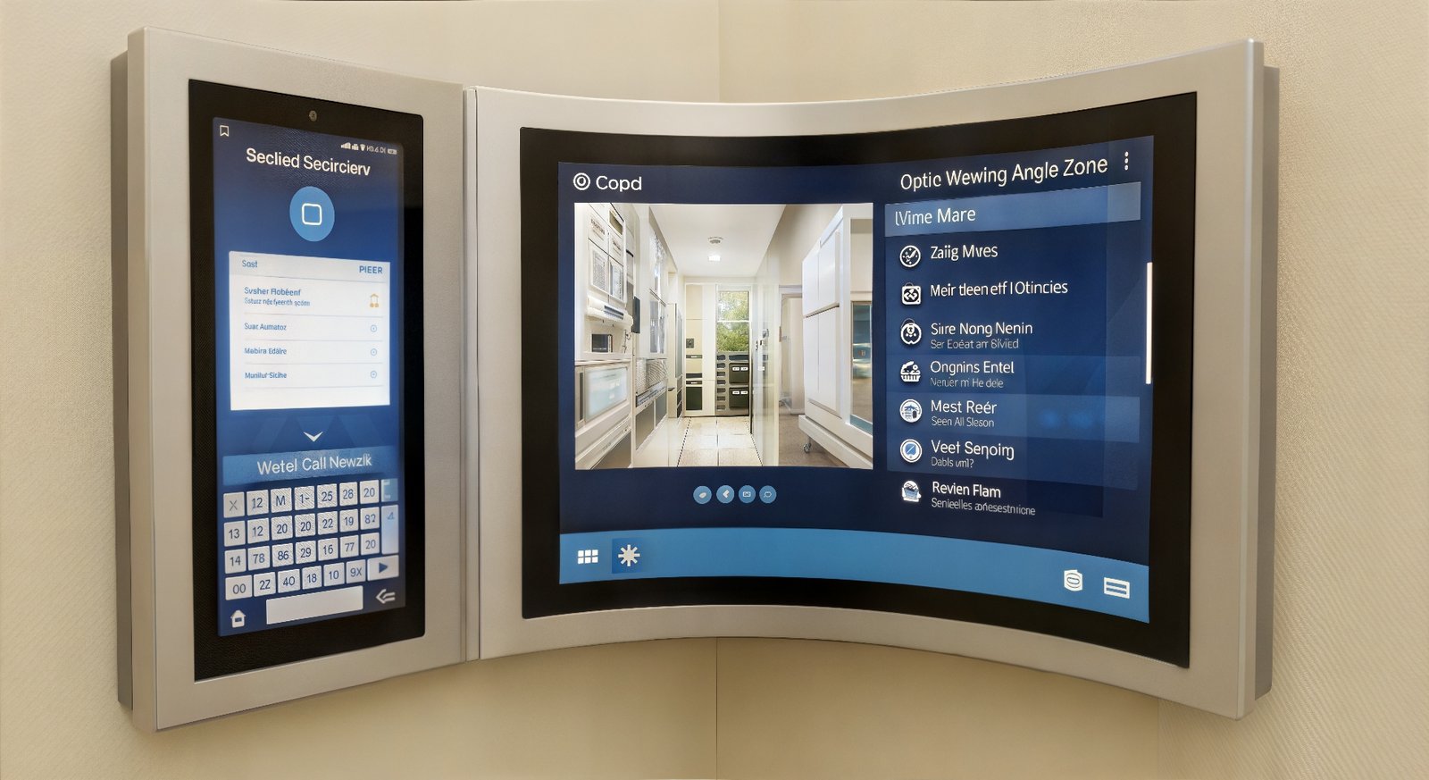 Curved touch display access control screen with three interaction zones, designed by Splendor Ridge Electronic.